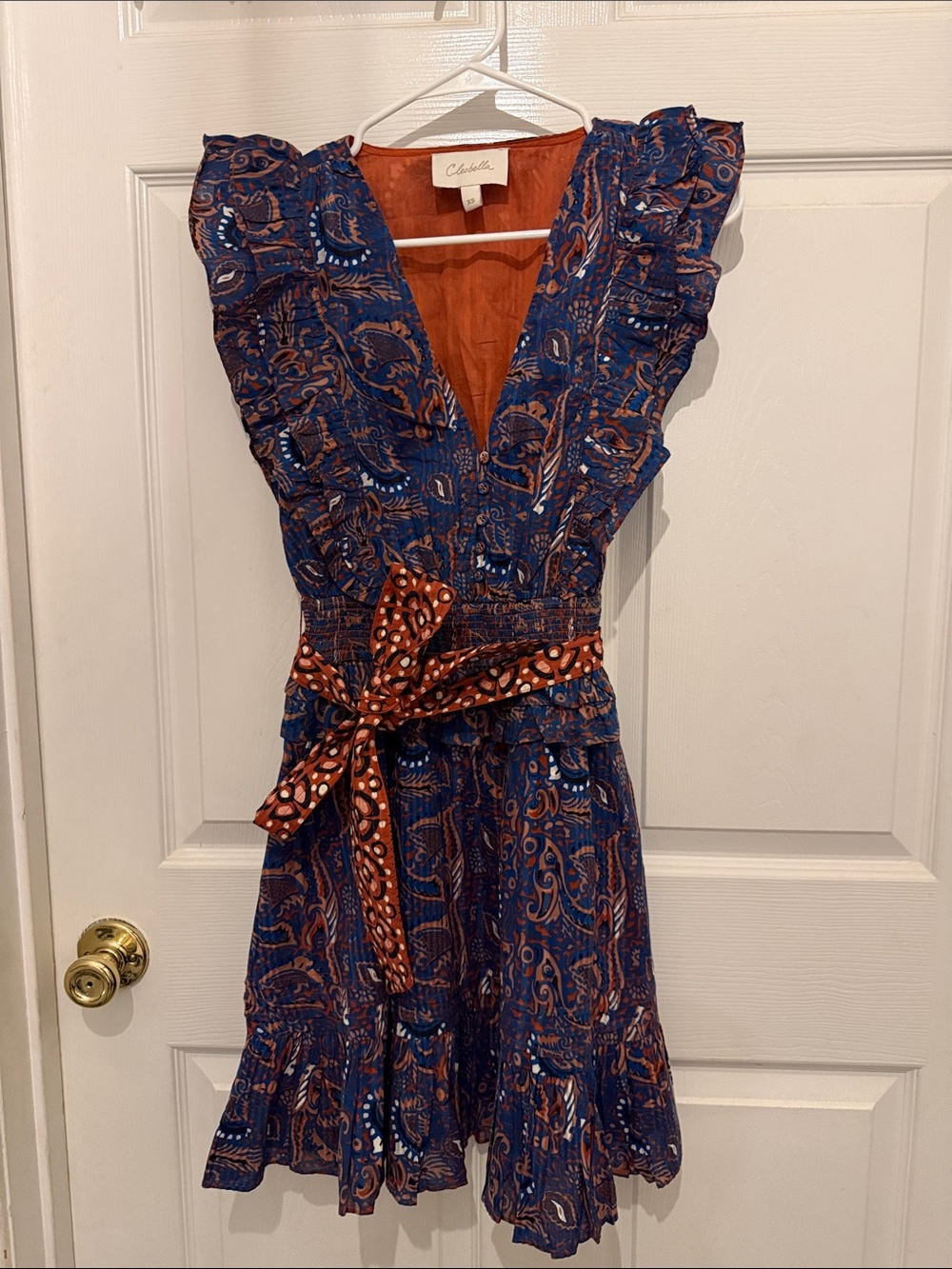 NWOT Cleobella Elara Mini Dress- Lazuli print Blue & Rust Ruffle V-Neck Dress